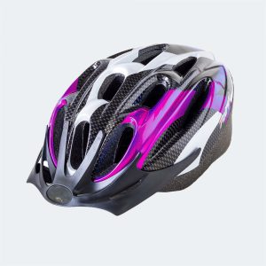 Vented bike helmet in white and black with magenta accents
