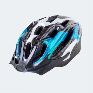 Vented bike helmet in white and black with turquoise accents