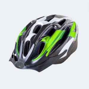 Vented bike helmet in white and black with lime accents