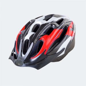 Vented bike helmet in white and black with red accents