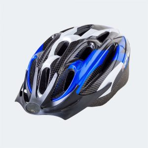 Vented bike helmet in white and black with blue accents